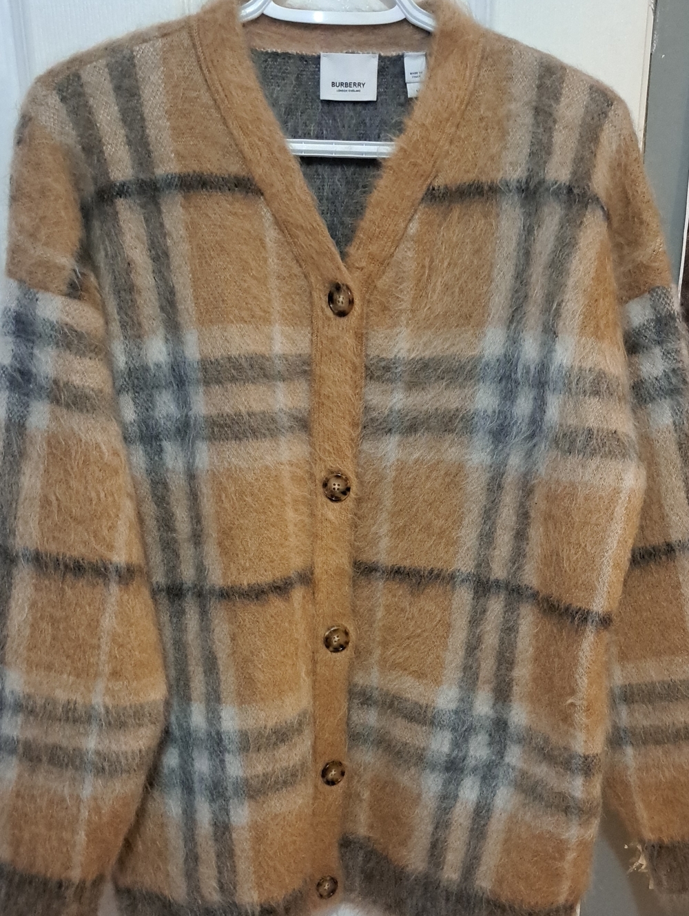 Burberry Mohair and silk-blend Nadeen check cardigan in a tan and beige